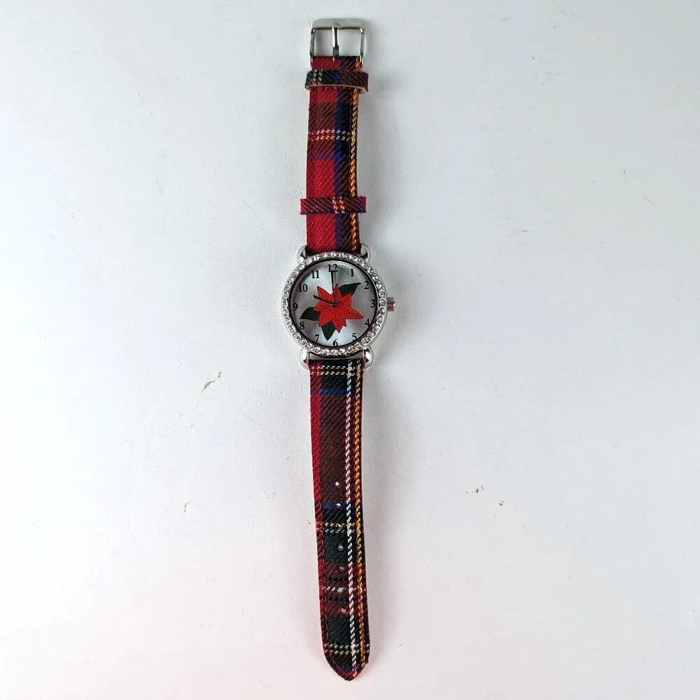 Vintage Christmas Poinsettia Rhinestone Watch